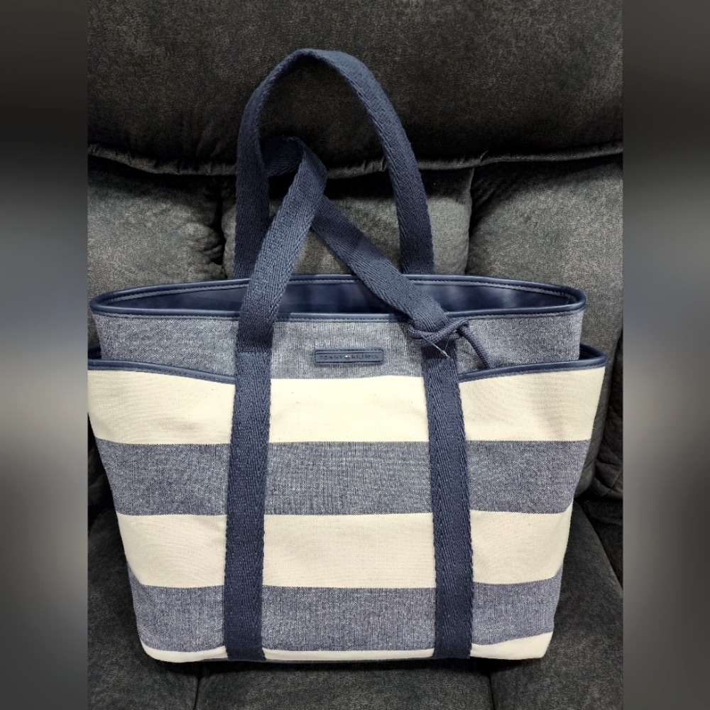NWT Tommy Hilfiger Navy Blue and Cream Rugby Striped Tote